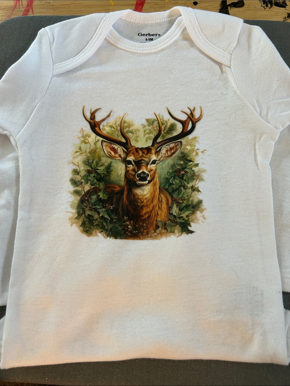 Gerber White Long Sleeve Bodysuit with Deer and Green Foliage Graphic